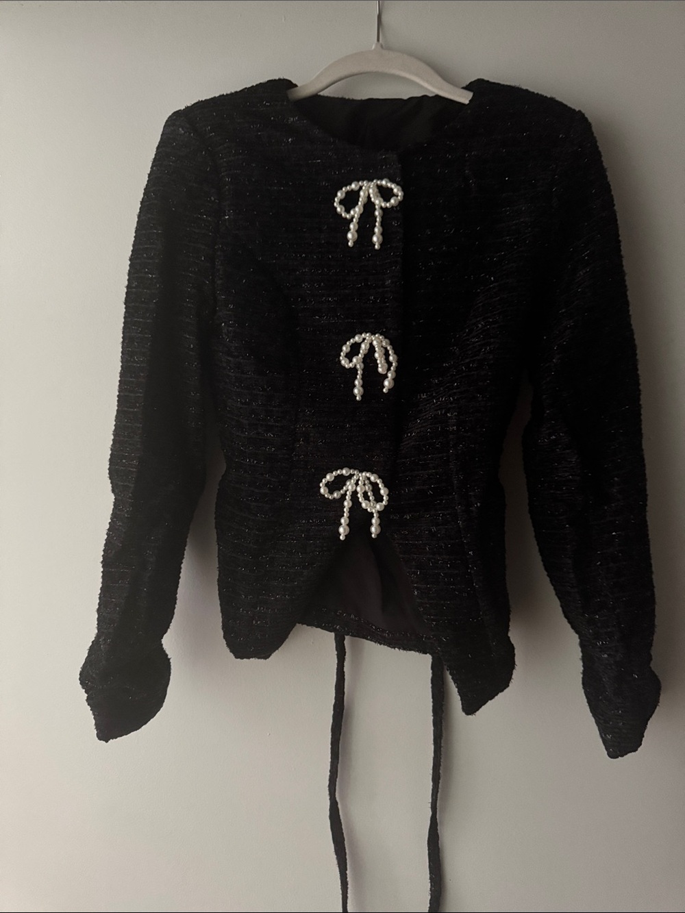 SHEIN Black Tweed Jacket with Pearl Bow Accents - NEVER WORN